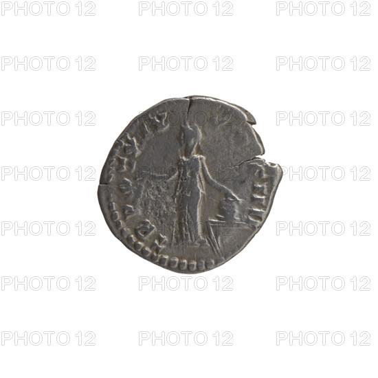 Denarius, Antoninus Pius (86–161; Roman emperor 138–161) — aw: Head of Antoninus Pius in a laurel wreath facing right, inscribed ANTONINVS AVG PIVS P, II; rw: Annona (personification) stands left, holds ears of corn in her right hand, rests her left on a container (modius) standing on a ship, inscribed TR POT XIX, S IIII. Iconography: Annona, ears of corn, personifications, head of the emperor in a laurel wreath, modi, ships. Date: 155–156. Culture/place: Roman Empire, Rome. Object type: coin (denarius). Measurements: diameter 17.5–18.5 mm, weight 2.80 g, axis 195°.