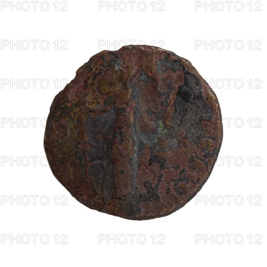 Dupondius of Antoninus Pius (86–161; Roman emperor 138–161). Obverse: Head of Antoninus Pius in radiant crown facing right. Reverse: Fides standing left, holding two legionary signs; inscriptions R, S IIII; in fields S - C; date circa 155–156. Roman Empire (27 BC–476), Rome. Coin (dupondius): diameter 25.0–25.5 mm, weight 11.40 g, axis 0°.