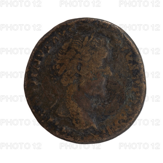 Sestertius, Antoninus Pius (86–161; Roman emperor 138–161) — issuer: Antoninus Pius; subject: Annona (personification). Obverse: Head of Antoninus Pius in a laurel wreath facing right, inscription ANTONINVS AVG PIVS PP; reverse: Annona stands to the right with one leg on the prow of a ship, holding a long rudder resting on a globe in her right hand and a modius (container with ears of corn) on her knee in her left hand, with inscription TR, O, I — in SC. Date: 157–158. Culture/place: Roman Empire, Rome. Object type/material: coin (sestertius). Dimensions: diameter ~28.5–29.0 mm, weight 17.38 g, axis 180°.