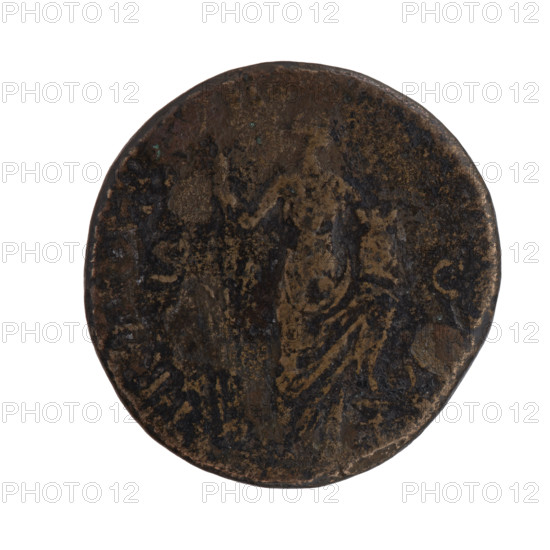 Sestertius, Antoninus Pius (86–161; Roman emperor 138–161), issuer. Obverse: Head of Antoninus Pius in a laurel wreath facing right, inscription ANTONINVS AVG PIVS PP. Reverse: Annona standing to the right with one leg on the prow of a ship; in her right hand a long rudder resting on a globe, in her left hand a modius of ears of corn; inscription in exergue, in S C. Date: 157–158. Roman Empire (27 BC–476), Rome. Coin; diameter 28.5–29.0 mm, weight 17.38 g, axis 180°.