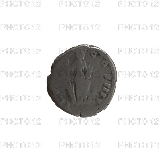 Denarius of Antoninus Pius (86–161; Roman emperor 138–161). Obverse: head of the emperor in a laurel wreath facing right, inscription NINVS AV, P IMP II. Reverse: Annona (personification) stands to the right with one leg on the prow of a ship; in her right hand she holds a long rudder resting on a globe, in her left hand a container with ears of corn (modius), TR P. Coin. Diameter 16.0–17.0 mm; weight 2.80 g; axis 0°.