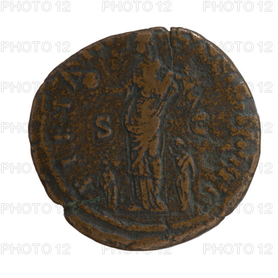 Sestertius, Antoninus Pius (86–161; Roman emperor 138–161), issuer: Antoninus Pius; obverse: head of the emperor in a laurel wreath facing right, inscription ANTONINVS AV, IVS PP TR PX, I all around; reverse: Pietas standing left, holding a globe in her outstretched right hand and a child in her left, with two children standing at her sides, inscription PIETA, VG C, II all around, IN SC; dated 158–159; Roman Empire; struck in Rome; bronze coin; diameter 29.5 mm (another measurement 34.1 mm), weight 22.19 g, axis 0°.
