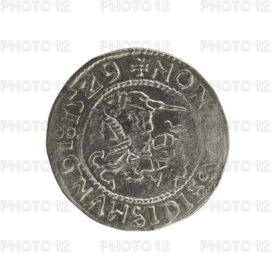 Lithuanian half-grosz, Sigismund I the Old (king of Poland; 1506–1548). Polish coin (Jagiellon dynasty), 1529. Obverse: Pursuer (Lithuanian emblem) turned left; rim between pearl borders with inscription '+ MON :SIGISMVNDI:15Z9'. Reverse: Crowned Polish Eagle; rim between pearl borders with inscription '+ MAGNI:DV:LITVANI'. Coin of the Grand Duchy of Lithuania, Vilnius.