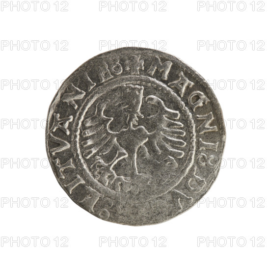 Lithuanian half-grosz, Sigismund I the Old (king of Poland; 1506–1548). Polish coin (Jagiellon dynasty), 1529. Obverse: Pursuer (Lithuania) turned left; inscription in rim between pearl borders: + MON :SIGISMVNDI:1529. Reverse: Crowned Polish eagle; inscription in rim between pearl borders: + MAGNI:DV:LITVANI. Minted in Vilnius, Grand Duchy of Lithuania.