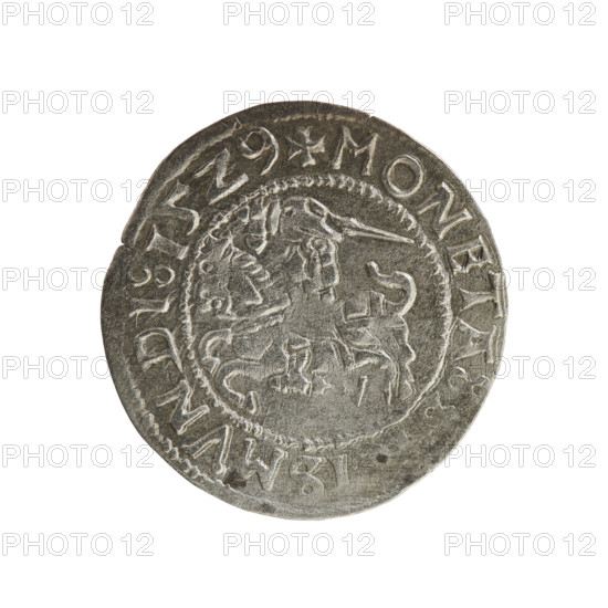 Lithuanian half-grosz, Sigismund I the Old (King of Poland; 1506–1548). Obverse: Pogon (Lithuanian mounted knight) turned left; in the rim between pearl-shaped borders an inscription: + COIN:, ISMVNDI:15Z9. Reverse: Polish crowned eagle; in the rim between pearl-shaped borders an inscription: AGNI:DVCIS:LI, VANIE, 1529. Polish coin of the Jagiellon dynasty, Grand Duchy of Lithuania, Vilnius. Materials: silver (coin).