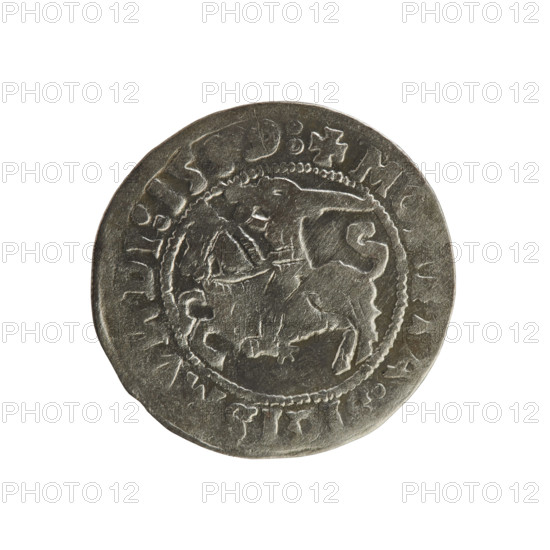 Lithuanian half-grosz, Sigismund I the Old (king of Poland; 1506–1548). Coin (1529). Obverse: Pursuer (emblem of Lithuania) turned left; in the rim between pearl borders an inscription: + M, A, IGIS, DI:15, 9:. Reverse: Polish crowned eagle; in the rim between pearly borders an inscription: +, AG, I:DVC, :LI, .:, 1529. Materials/style: Polish–Lithuanian coinage, Jagiellon dynasty emblems. Location: Grand Duchy of Lithuania, Vilnius.