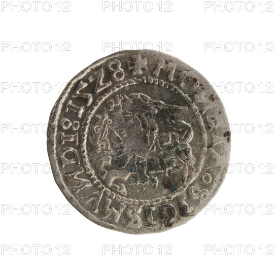 Lithuanian half-grosz, Sigismund I the Old (King of Poland; 1506–1548). Obverse: Pogon (Lithuanian coat of arms) turned left; in the rim between pearly borders an inscription: + M:SIGISMV DI:15Z8. Reverse: Polish crowned eagle; in the rim between pearly borders an inscription: + MAGNI:DVCI :LITVANI, 1529. R8 (rarity). Polish coin; Jagiellon dynasty. Grand Duchy of Lithuania, Vilnius.