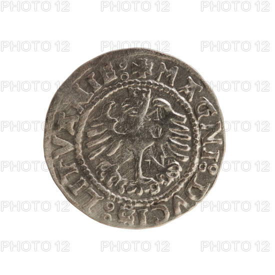 Lithuanian half-grosz, Sigismund I the Old (King of Poland; 1506–1548). Obverse: Pogon (Lithuanian coat of arms) turned left; in the rim between pearly borders an inscription: + M :SIGISMV DI:15Z8. Reverse: Polish crowned eagle; in the rim between pearly borders an inscription: + MAGNI:DVCI :LITVANI, 1529. Polish coin from the Grand Duchy of Lithuania, Vilnius. Jagiellon dynasty; coats of arms, eagles. R8 (rarity).