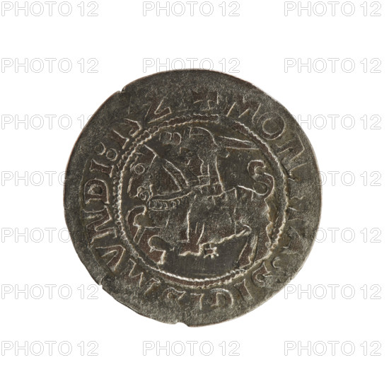Lithuanian half-grosz, Sigismund I the Old (king of Poland; 1506–1548). Polish coin of the Jagiellon dynasty. Obverse: Pogon (Lithuanian charging knight) turned left; in the rim between pearl borders an inscription: MON SIGISMVNDI 15Z. Reverse: crowned Polish eagle; in the rim between pearl borders an inscription: M D CIS:LITVA IE, 1520–1529. Minted in Vilnius, Grand Duchy of Lithuania.