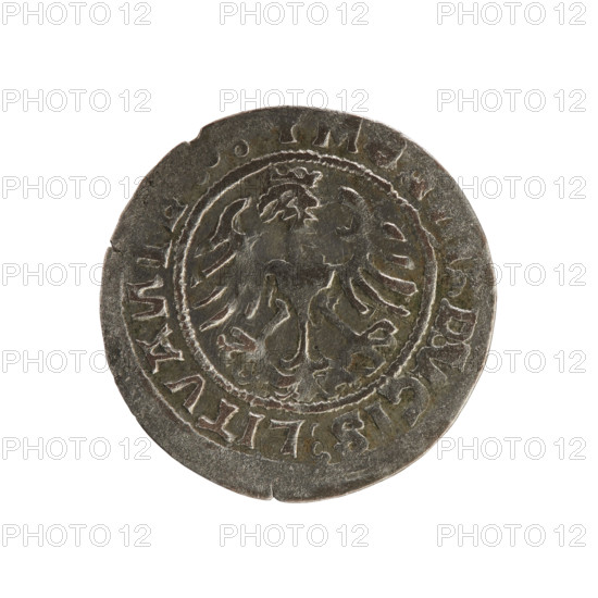 Lithuanian half-grosz, Sigismund I the Old (king of Poland; 1506–1548). Silver coin (half-grosz), c. 1520–1529. Obverse: Pogon (Lithuanian charging knight) turned left; in the rim between pearl borders an inscription: MON SIGISMVNDI 15Z. Reverse: crowned Polish Eagle; in the rim between pearl borders an inscription: M D CIS:LITVA IE 1520–1529. Minted in Vilnius, Grand Duchy of Lithuania.