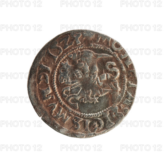 Lithuanian half-grosz, Sigismund I the Old (king of Poland; 1506–1548). Silver coin (1524). Obverse: Pogon (Lithuanian knight) turned left; rim between pearl borders with inscription M A:SIGISMVNDI:15Z. Reverse: Polish crowned eagle; rim between pearl borders with inscription + AGNI:DVCIS:LITVANIE. Associated with Poland, Grand Duchy of Lithuania, Vilnius.