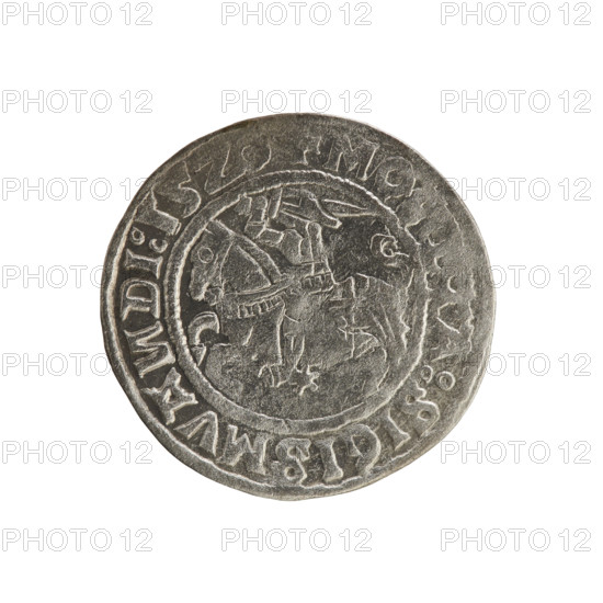 Lithuanian half-grosz, Sigismund I the Old (King of Poland; 1506–1548). Coin (Polish, Grand Duchy of Lithuania), dated 1520, struck in Vilnius. Obverse: Pogon (Lithuanian charging knight) turned left; rim with pearl-shaped borders and inscription: MO A:SIGISMVA DI:15Z. Reverse: Crowned Polish Eagle; rim with pearl-shaped borders and inscription: AG I:DVCIS:LITVA I. Emblems: Pogon, Eagle. Jagiellon dynasty.