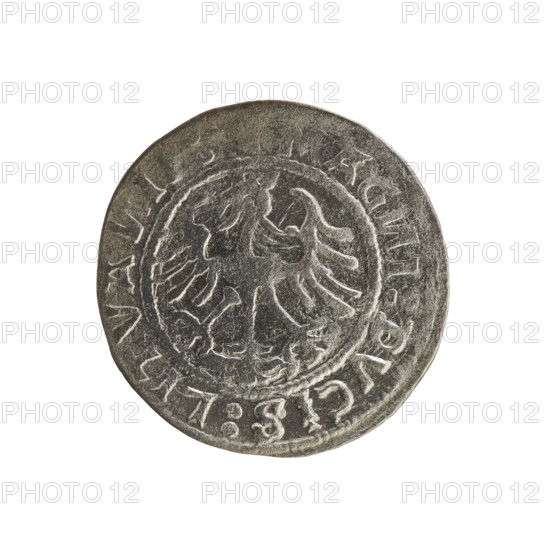 Lithuanian half-grosz, Sigismund I the Old (King of Poland; 1506–1548). Obverse: Pogon (Lithuanian charging knight) turned left; in the rim between pearl-shaped borders an inscription: MO, A:SIGISMVA, DI:15Z. Reverse: Polish crowned eagle; in the rim between pearl-shaped borders an inscription: AG, I:DVCIS:LITVA, I, 1520. Polish coin, Grand Duchy of Lithuania, Vilnius.