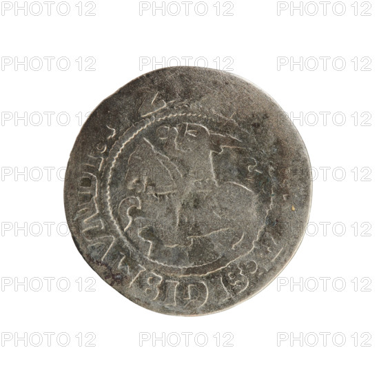 Lithuanian half-grosz, Sigismund I the Old (King of Poland; 1506–1548). Silver coin (half-grosz), 1521. Obverse: Pogon (Lithuanian knight) turned left; in the rim between pearl borders an inscription: A:SIGISMVNDI,Z. Reverse: Polish crowned eagle; in the rim between pearl borders an inscription: + MAGN,NIE:. Minted in Vilnius, Grand Duchy of Lithuania (Poland–Lithuania).