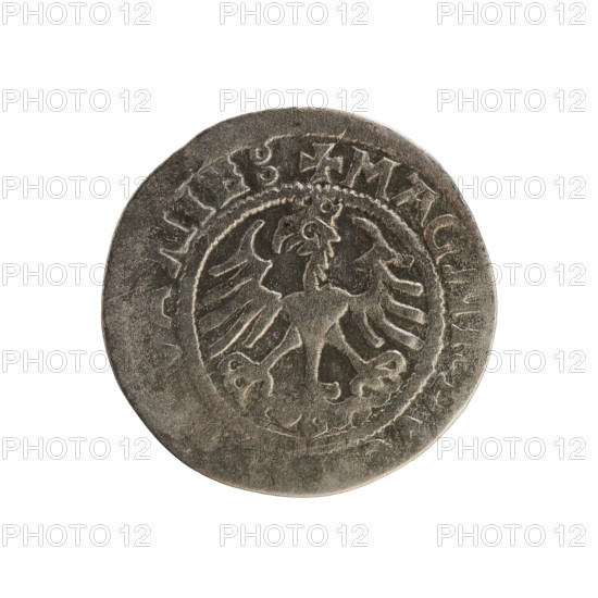 Lithuanian half-grosz, Sigismund I the Old (King of Poland; 1506–1548). Polish coin, Jagiellon dynasty. Obverse: Pogon (Lithuanian knight) turned left; in the rim between pearl borders an inscription A:SIGISMVNDI Z. Reverse: crowned Polish eagle; in the rim between pearl borders an inscription + MAGN NIE:; dated 1521. Minted in Vilnius, Grand Duchy of Lithuania (Poland–Lithuania).