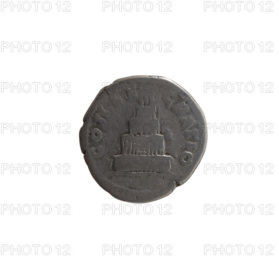 Denarius, after 161. Obverse: Head of Antoninus Pius without a covering, with drapery on the left shoulder, right; inscription DIVVS A NINVS. Reverse: Funeral pyre with four tiers, decorated with garlands and statues, with a quadriga on top; inscription CONSECRATIO. Issuers: Marcus Aurelius (121–180) and Lucius Verus (130–169); Antoninus Pius (86–161) depicted posthumously. Roman Empire (27 BC–476), Rome. Coin; diameter 18.0 mm, weight 2.92 g, axis 195°.