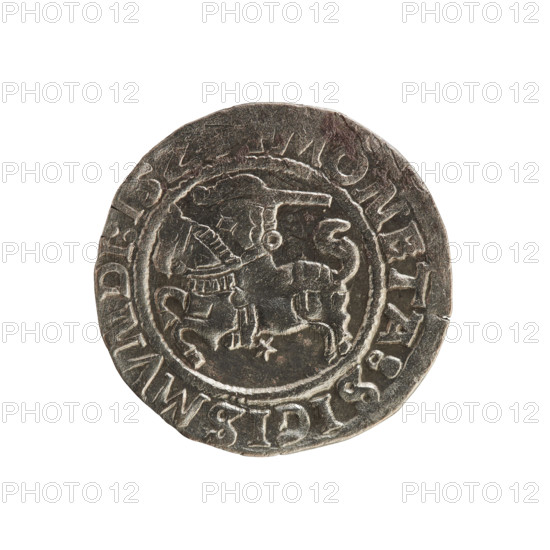 Lithuanian half-grosz, Sigismund I the Old (king of Poland; 1506–1548). Silver coin (half-grosz), 1520–1529. Obverse: Pogon (Lithuanian mounted knight) turned left; rim between pearl borders with inscription COIN:SIGISMVNDI:15Z. Reverse: crowned Polish eagle; rim between pearl borders with inscription + MAGNI:DVCI,:LITVANIE.:. Style: 16th-century Polish–Lithuanian coinage; emblems: Pogon and crowned eagle. Location struck: Vilnius, Grand Duchy of Lithuania.