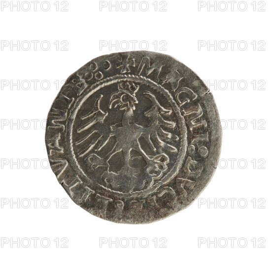 Lithuanian half-grosz, Sigismund I the Old (king of Poland; 1506–1548). Silver coin, 1520–1529. Obverse: Pogon (Lithuanian mounted knight) turned left; in the rim between pearl borders an inscription: COIN:SIGISMVNDI:15Z. Reverse: Polish crowned eagle; in the rim between pearly borders an inscription: + MAGNI:DVCI,:LITVANIE.:. Minted in Vilnius, Grand Duchy of Lithuania (Poland–Lithuania), Polish Jagiellon-era emblems.