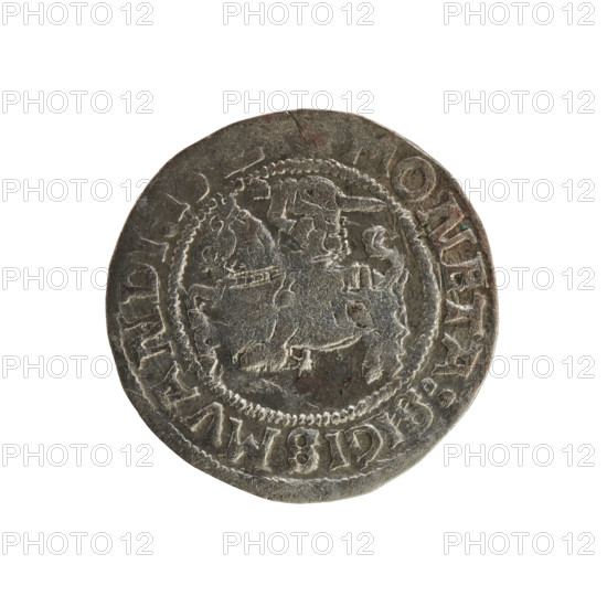 Lithuanian half-grosz, Sigismund I the Old (king of Poland; 1506–1548). Silver coin (half-grosz), c. 1520–1529. Obverse: Pogon (Lithuanian mounted knight) turned left; in the rim between pearl borders an inscription: COIN:SIGISMVANDI. Reverse: crowned Polish eagle; in the rim between pearl borders an inscription: + MAGNI:DVCIS:LI, ANIE.:. Minted in Vilnius, Grand Duchy of Lithuania.