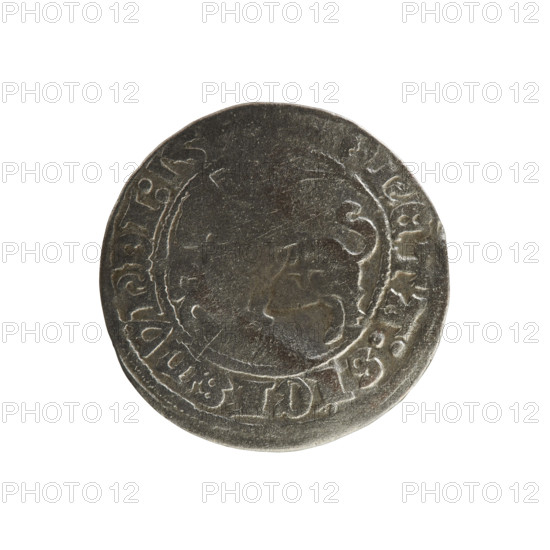 Lithuanian half-grosz, Sigismund I the Old (King of Poland; 1506–1548). Silver coin (half-grosz), Jagiellon dynasty. Obverse: Pogon (Lithuanian coat of arms) turned left; in the rim between pearl-shaped borders an inscription: NETA:SIGISMVNDI:15. Reverse: Polish crowned eagle; in the rim between pearl-shaped borders an inscription: + MAGNI:DVCI, IE:. Dated 1508–1529. Minted in Vilnius, Grand Duchy of Lithuania (Poland–Lithuania).
