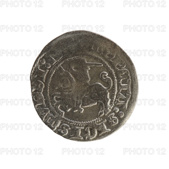 Lithuanian half-grosz, Sigismund I the Old (king of Poland; 1506–1548). Polish coin of the Jagiellon dynasty, 1508–1529. Obverse: Pogon (Lithuanian charging knight) turned left; in the rim between pearl borders an inscription: ONETA:S GISMVNDI:15. Reverse: Crowned Polish eagle; in the rim between pearl borders an inscription: + MAGNI:DVCIS:LIT E:. Material: coin; place of issue: Grand Duchy of Lithuania, Vilnius.