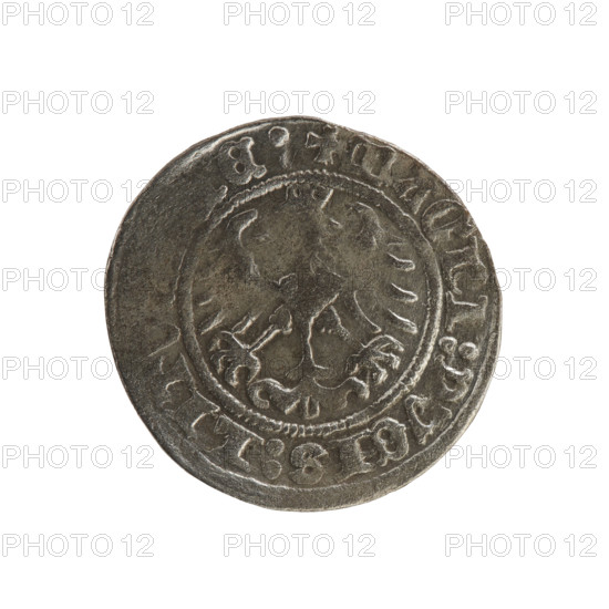 Lithuanian half-grosz of Sigismund I the Old (king of Poland, 1506–1548). Silver coin (half-grosz), Jagiellon dynasty. Obverse: Pogon (Lithuanian mounted knight) turned left; inscription in rim between pearl borders: ONETA:S, GISMVNDI:15. Reverse: Polish crowned eagle; inscription in rim between pearly borders: + MAGNI:DVCIS:LIT, E:. Dated 1508–1529. Origin: Grand Duchy of Lithuania, Vilnius, Poland.