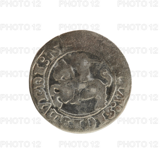 Lithuanian half-grosz, Sigismund I the Old (King of Poland; 1506–1548). Polish coin, Jagiellon dynasty. Obverse: Pogon (Lithuanian coat of arms) turned left; in the rim between pearly borders an inscription: TA:SIGISMVNDI:15. Reverse: Polish crowned Eagle; in the rim between pearly borders an inscription: + MAGNI, LITVANIE, 1508 - 1529. Material: coin; place: Poland, Grand Duchy of Lithuania, Vilnius.