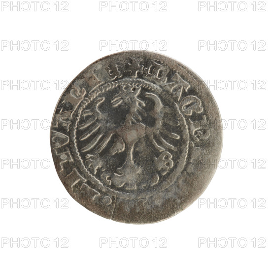 Lithuanian half-grosz, Sigismund I the Old (King of Poland; 1506–1548). Polish coin from the Jagiellon dynasty. Obverse: Pogon (Lithuanian coat of arms) turned left; rim between pearly borders with inscription TA:SIGISMVNDI:15. Reverse: crowned Polish Eagle; rim between pearly borders with inscription + MAGNI, LITVANIE, 1508-1529. Material: coin; Place: Grand Duchy of Lithuania, Vilnius.