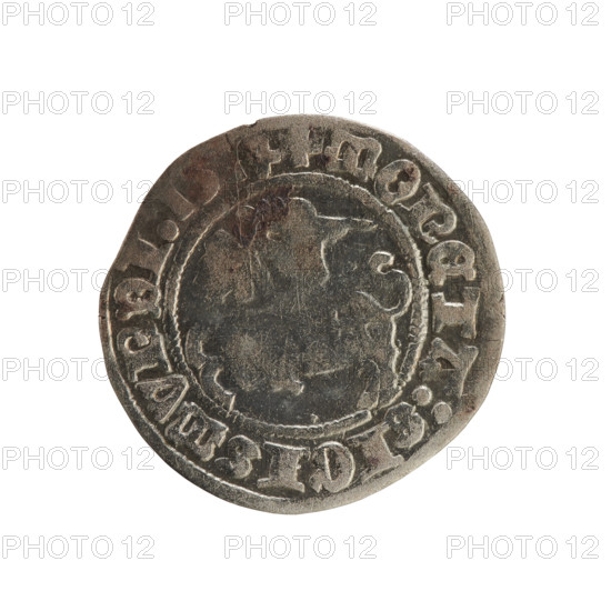 Lithuanian half-grosz, Sigismund I the Old (King of Poland; 1506–1548). Obverse: Pogon (Lithuanian coat of arms) turned left; in the rim between pearly borders an inscription: + MONETA:SIGISMVNDI:15. Reverse: Polish crowned eagle; in the rim between pearly borders an inscription: + MAG, I:DVCIS:LITVANIE:. Dated 1514. Silver coin from Vilnius, Grand Duchy of Lithuania (Poland–Lithuania).