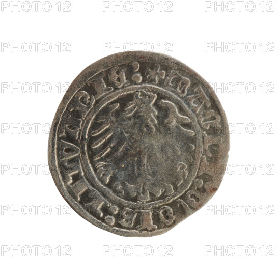 Lithuanian half-grosz, Sigismund I the Old (King of Poland; 1506–1548). Obverse: Pogon (Chase) turned left; in the rim between pearly borders an inscription: + MONETA:SIGISMVNDI:15. Reverse: Polish crowned eagle; in the rim between pearly borders an inscription: + MAG, I:DVCIS:LITVANIE:. Dated 1514. Silver coin from the Grand Duchy of Lithuania (Vilnius), Poland.