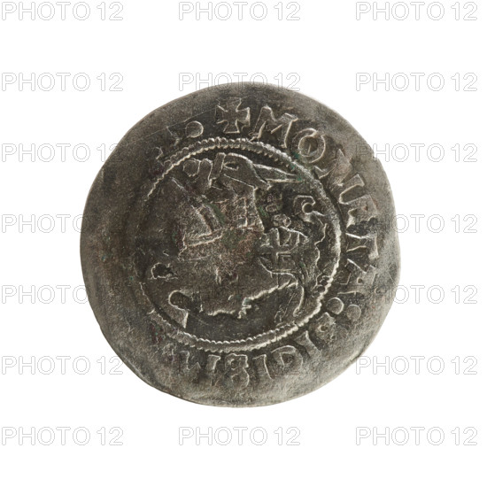 Lithuanian half-grosz, Sigismund I the Old (King of Poland; 1506–1548). Polish coin of the Jagiellon dynasty. Obverse: Pogon (Lithuanian heraldic knight) turned left; in the rim between pearl-shaped borders an inscription. Reverse: Polish crowned Eagle; in the rim between pearl-shaped borders an inscription. Dated 1508–1529. Minted in Vilnius, Grand Duchy of Lithuania.