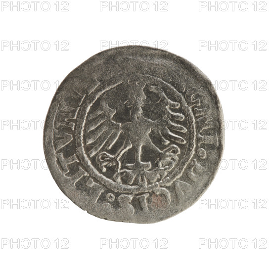 Lithuanian half-grosz of Sigismund I the Old (King of Poland; reign 1506–1548). Obverse: Pogon (Lithuanian charging knight) turned left; rim bears inscription between pearl-shaped borders: + COIN:SIGISM... Reverse: crowned Polish Eagle; rim bears inscription between pearl-shaped borders: GNI:DVCIS:LITVNI. Dated 1508–1529. Coin from Vilnius, Grand Duchy of Lithuania; related to Polish coins, Jagiellon dynasty; motifs: emblems, eagles.