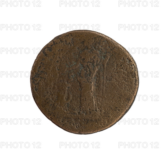 sestertius, Antoninus Pius (86–161; Roman emperor 138–161), issuer: Antoninus Pius — iconography: personifications; obverse: head of the emperor in a laurel wreath facing right, inscription AN.NVS AVG PI - VS PP TR P all around; reverse: Salus standing left, holding a patera above an altar around which a snake coils in her right hand and a scepter in her left, mark S·C in fields; date: 140–144; Roman Empire (27 BC–476), Rome; coin: bronze, diameter 31.0–32.0 mm, weight 21.06 g, axis 180°.