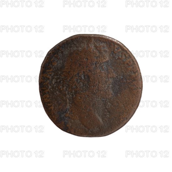 Sestertius of Antoninus Pius (86–161; Roman emperor 138–161). Obverse: Head of the emperor in a laurel wreath to the right, inscription NINVS AVG PI - VS PP T (Antoninus Augustus Pius, Pater Patriae), all around. Reverse: Victoria standing right, holding a trophy with both hands, inscription RA - TO, with control marks S - C in fields. Date: 143–144. Roman Empire, struck in Rome. Coin (bronze): diameter 29.0 mm, weight 23.10 g, axis 0°.