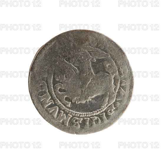Lithuanian half-grosz, Sigismund I the Old (King of Poland; 1506–1548). Obverse: Pogon (Lithuanian mounted knight) turned left; in the rim between pearl-shaped borders an inscription: SIGISMVN. Reverse: Polish crowned Eagle; in the rim between pearl-shaped borders an inscription: AG I:DVCIS:LI. Dated 1508–1529. Material: coin; place: Vilnius, Grand Duchy of Lithuania.