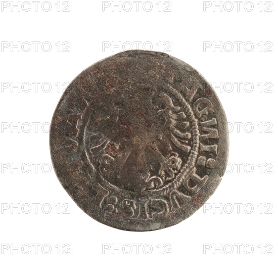 Lithuanian half-grosz, Sigismund I the Old (King of Poland; 1506–1548). Silver coin (half-grosz), 1508–1529. Obverse: Pogon (Lithuanian mounted knight) facing left; rim with pearl-shaped borders and inscription 'SIGISMVN'. Reverse: Polish crowned eagle; rim with pearl-shaped borders and inscription 'AG I:DVCIS:LI'. Minted in Vilnius, Grand Duchy of Lithuania, Poland.