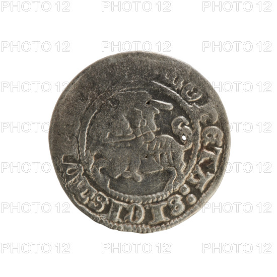 Lithuanian half-grosz, Sigismund I the Old (King of Poland; 1506–1548). Polish coin of the Jagiellon dynasty. Obverse: Pogon (Lithuanian coat of arms) turned left; in the rim between pearl borders an inscription: MONETA:SIGISMVND. Reverse: crowned Polish Eagle; in the rim between pearl borders an inscription: + MAGNI:DV, VANIE, 1508–1529. Minted in Vilnius, Grand Duchy of Lithuania (Poland–Lithuania).