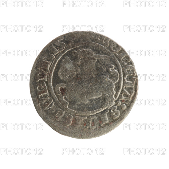 Lithuanian half-grosz, Sigismund I the Old (King of Poland; 1506–1548). Silver coin (half-grosz), dated 1508–1529. Obverse: Pogon (Lithuanian coat of arms) turned left; in the rim between pearly borders an inscription: ONETA:SIGISMVNDI. Reverse: crowned Polish eagle; in the rim between pearly borders an inscription: + M, NI:DVCIS:LITVANIE. Related to the Jagiellon dynasty; features coats of arms and eagles. Struck in Vilnius, Grand Duchy of Lithuania (Poland).