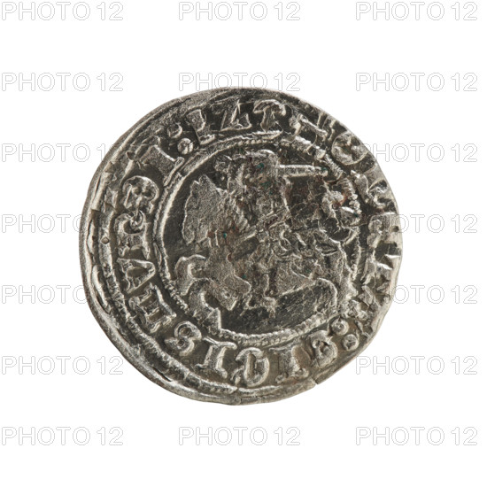 Lithuanian half-grosz, Sigismund I the Old (King of Poland; 1506–1548). Obverse: Pogon (Lithuanian coat of arms) turned left; in the rim between pearly borders an inscription: ONETA:SIGISMVNDI:1Z. Reverse: Polish crowned eagle; in the rim between pearly borders an inscription: + MAGNI:DVCIS:LITVANIE:. Dated 1512. Silver coin from the Grand Duchy of Lithuania (Vilnius). Polish–Jagiellon period; emblems: eagle, Pogon.