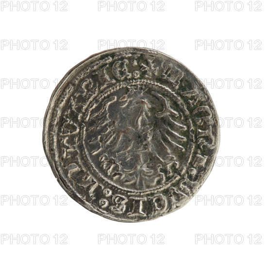 Lithuanian half-grosz, Sigismund I the Old (King of Poland; 1506–1548). Obverse: Pogon (mounted knight) turned left; in the rim between pearly borders an inscription: ONETA:SIGISMVNDI:1Z. Reverse: Polish crowned eagle; in the rim between pearly borders an inscription: + MAGNI:DVCIS:LITVANIE:. 1512. Polish coin of the Grand Duchy of Lithuania, struck at Vilnius. Materials: metal; type: coin; dynasty: Jagiellons.