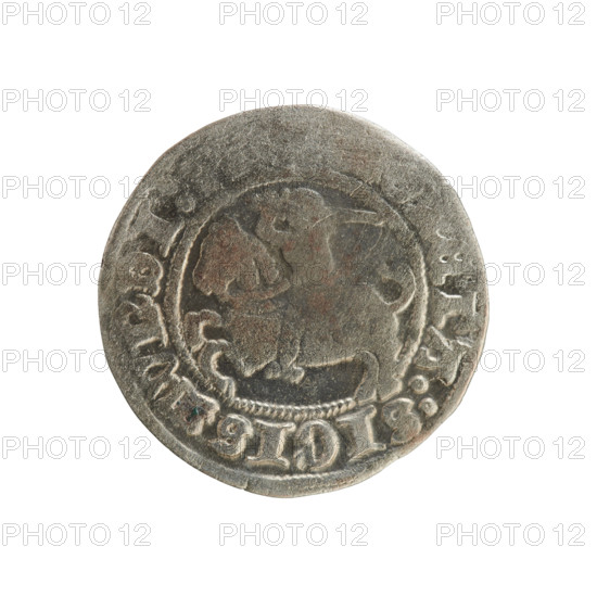 Lithuanian half-grosz, Sigismund I the Old (King of Poland; 1506–1548). Coin of the Jagiellon dynasty (Polish coins), 1508–1529. Obverse: Pogon (Lithuanian mounted knight) turned left; in the rim between pearl-shaped borders an inscription: ETA:SIGISMVNDI:. Reverse: Polish crowned eagle; in the rim between pearl-shaped borders an inscription: I:DVCIS:LITVANIE. Grand Duchy of Lithuania, Vilnius. Materials and denomination: half-grosz (silver coin).