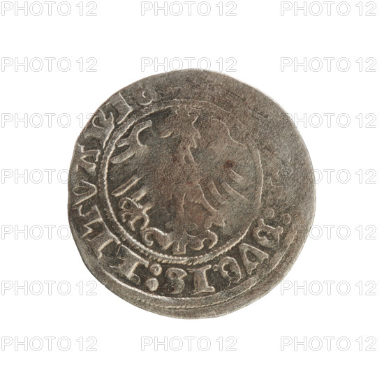 Lithuanian half-grosz, Sigismund I the Old (King of Poland; 1506–1548). Silver coin (half-grosz), dated 1508–1529. Obverse: Pogon (Lithuanian chasing knight) turned left; rim with pearl-shaped borders and inscription 'ETA:SIGISMVNDI:'. Reverse: Polish crowned eagle; rim with pearl-shaped borders and inscription 'I:DVCIS:LITVANIE'. Associated with Poland and the Grand Duchy of Lithuania; minted in Vilnius.