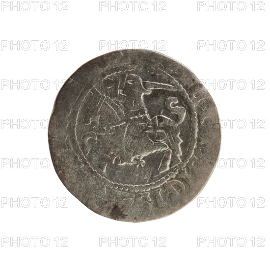 Lithuanian half-grosz of Sigismund I the Old (King of Poland, reign 1506–1548). Silver coin (half-grosz), dated 1508–1529, struck in Vilnius, Grand Duchy of Lithuania. Obverse: Pogon (Lithuanian mounted knight) turned left; rim between pearl-shaped borders with inscription including 'IGI'. Reverse: Polish crowned Eagle; rim between pearl-shaped borders with inscription including 'IE'. Associated with the Jagiellon dynasty; motifs: emblems, eagles.