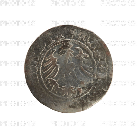 Lithuanian half-grosz of Sigismund I the Old (King of Poland, 1506–1548). Obverse: Pogon (Lithuanian charging knight) turned left, with rim inscription between pearl-shaped borders. Reverse: Crowned Polish eagle, with rim inscription between pearl-shaped borders. Dates ca. 1508–1529. Copper alloy coin from Vilnius, Grand Duchy of Lithuania; Jagiellon dynasty; emblems: Pogon and eagle.