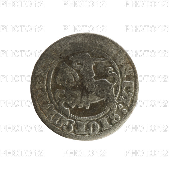 Lithuanian half-grosz, Sigismund I the Old (King of Poland; 1506–1548). Silver coin (half-grosz), Jagiellon dynasty. Obverse: Pogon (Lithuanian knight) turned left; in the rim between pearl borders an inscription: ETA:SIGISMVN. Reverse: Polish crowned eagle; in the rim between pearl borders an inscription: MAGNI:DVCIS:LI. Dated 1508–1529. Place: Grand Duchy of Lithuania, Vilnius.
