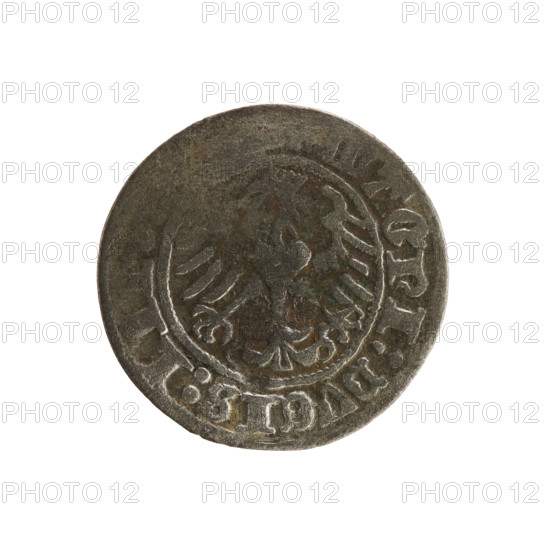 Lithuanian half-grosz, Sigismund I the Old (King of Poland; 1506–1548). Silver coin (half-grosz), Jagiellon dynasty. Obverse: Pogon (Lithuanian coat of arms) turned left; in rim between pearl borders an inscription: ETA:SIGISMVN. Reverse: Polish crowned eagle; in rim between pearl borders an inscription: MAGNI:DVCIS:LI. Date range: 1508–1529. Minted in Vilnius, Grand Duchy of Lithuania (Poland–Lithuania).