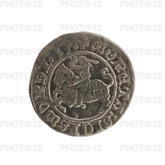 Lithuanian half-grosz, Sigismund I the Old (king of Poland; 1506–1548). Silver coin (half-grosz), 1513. Obverse: Pogon (Lithuanian knight) turned left; in the rim between pearl borders an inscription: + MONE, TA:SIGISM, NDI, :. Reverse: Polish crowned eagle; in the rim between pearly borders an inscription: + MAG, I:DVCIS:LITVANIE:. Early 16th-century Jagiellon dynastic coin featuring emblems of Lithuania (Pogon) and Poland (eagle).