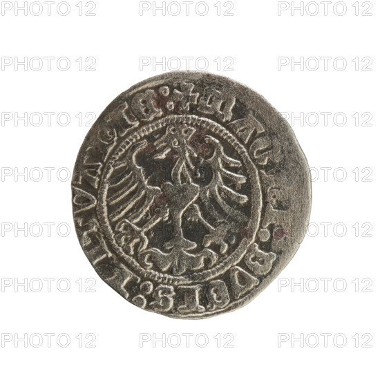 Lithuanian half-grosz, Sigismund I the Old (king of Poland; 1506–1548), 1513. Silver coin (half-grosz). Obverse: Pogon (Lithuanian mounted knight) turned left; in the rim between pearl borders an inscription: + MONE, TA:SIGISM, NDI, :. Reverse: Polish crowned eagle; in the rim between pearl borders an inscription: + MAG, I:DVCIS:LITVANIE:. Jagiellon dynasty; emblems: Pogon and Eagle. Condition/location: Vilnius, Grand Duchy of Lithuania; Poland.