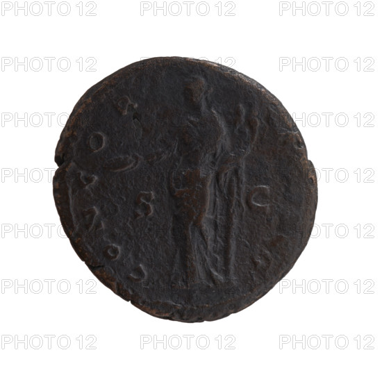 dupondius/as, Faustina the Elder (98–141; Roman empress 138–141), Antoninus Pius (86–161; Roman emperor 138–161) (issuer). Obverse: Bust of Faustina I in drapery facing right, inscription 'VS, A AVG - ANTON' all around. Reverse: Concordia leaning against a column standing left, holding a patera in her outstretched right hand and a double cornucopia in her left, inscription 'CONCOR - , A, G' all around, 'IN SC' in fields. Date: 138–141. Culture/place: Roman Empire, Rome. Object: coin. Measurements: diameter 26.5–27.5 mm, weight 10.40 g, axis 165°.