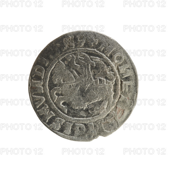 Lithuanian half-grosz, Sigismund I the Old (King of Poland; 1506–1548). Silver coin (half-grosz), Jagiellon dynasty. Obverse: Pogon (Lithuanian charging knight) turned left; in rim between pearly borders an inscription: + MO, E, IGISMV, DI:. Reverse: Polish crowned eagle; in rim between pearly borders an inscription: I:DVCIS:LITVA, I. Dated 1509–1529. Minted in Vilnius, Grand Duchy of Lithuania (Poland–Lithuania).